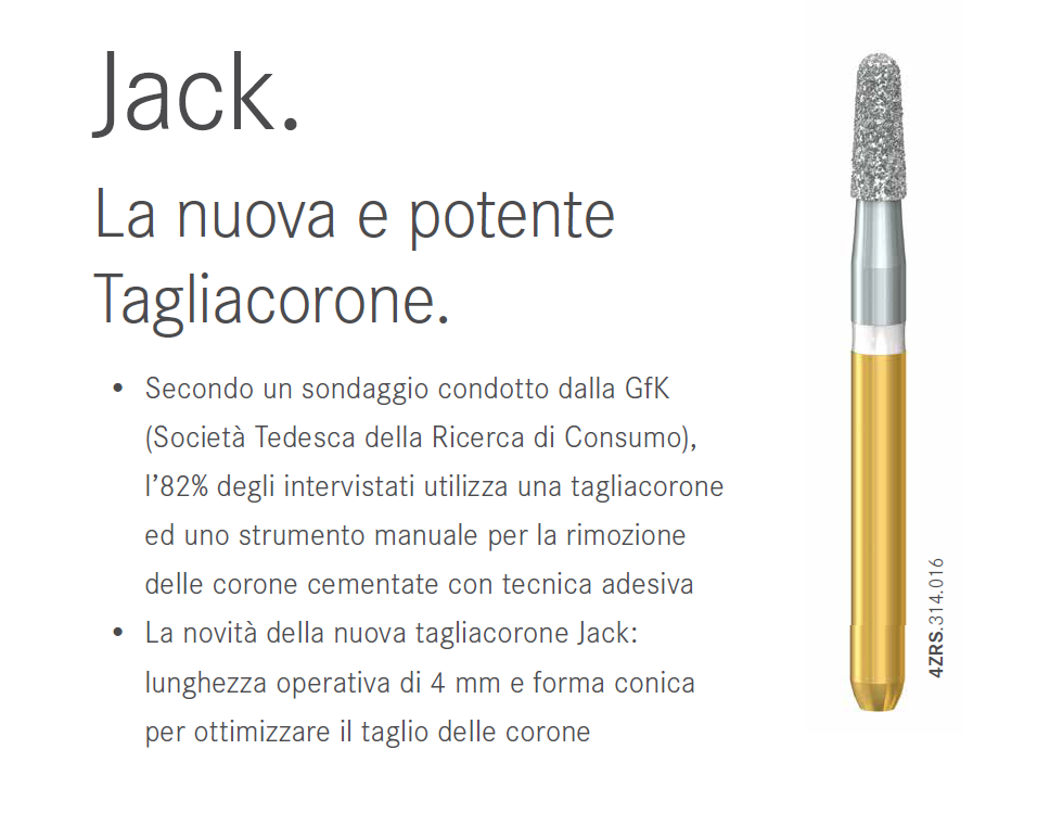 Komet ha creato frese tagliacorone specifiche per ciascun materiale protesico, molto resistenti alla rottura e a minimo sviluppo di vibrazioni.