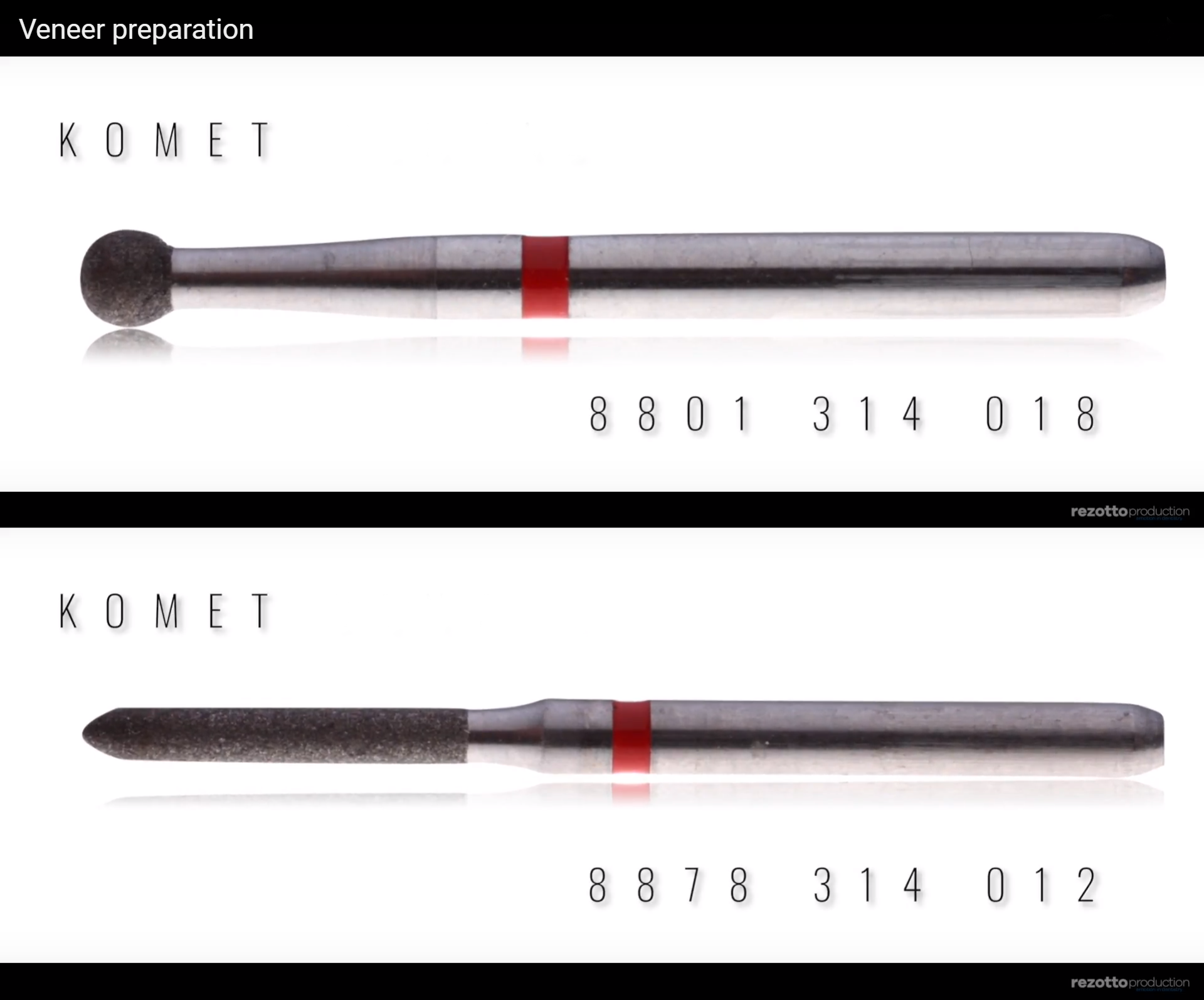 La realizzazione delle faccette è stata fatta con strumenti Komet: diamantate e punte soniche SF8878K M e D 018 per la finitura e lisciatura interprossimale